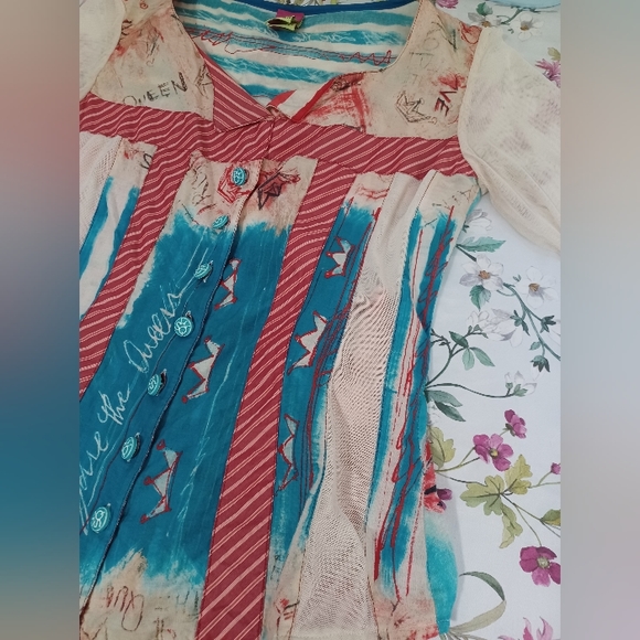 Save the Queen mixed media button front top sailboat print mesh 3/4 sleeves LG - Picture 8 of 14